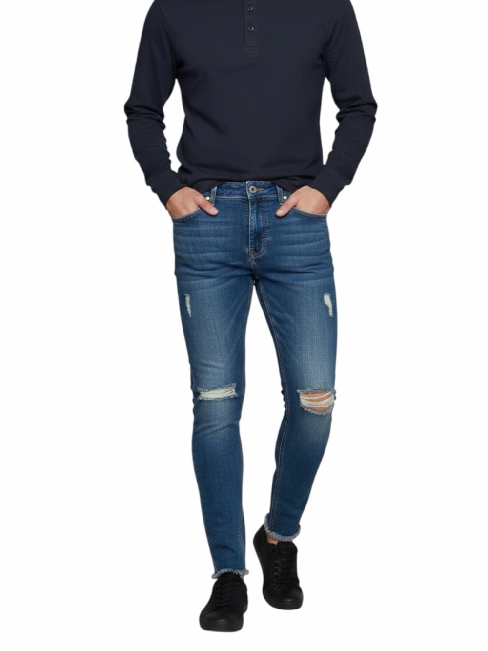 ASOS Men’s Blue Distressed Skinny Jeans 30 X 27 Dark Wash Stretch Denim Cut Off